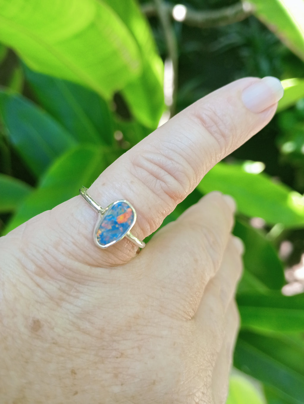 Lightning Ridge rainbow coloured Stirling silver ring size O