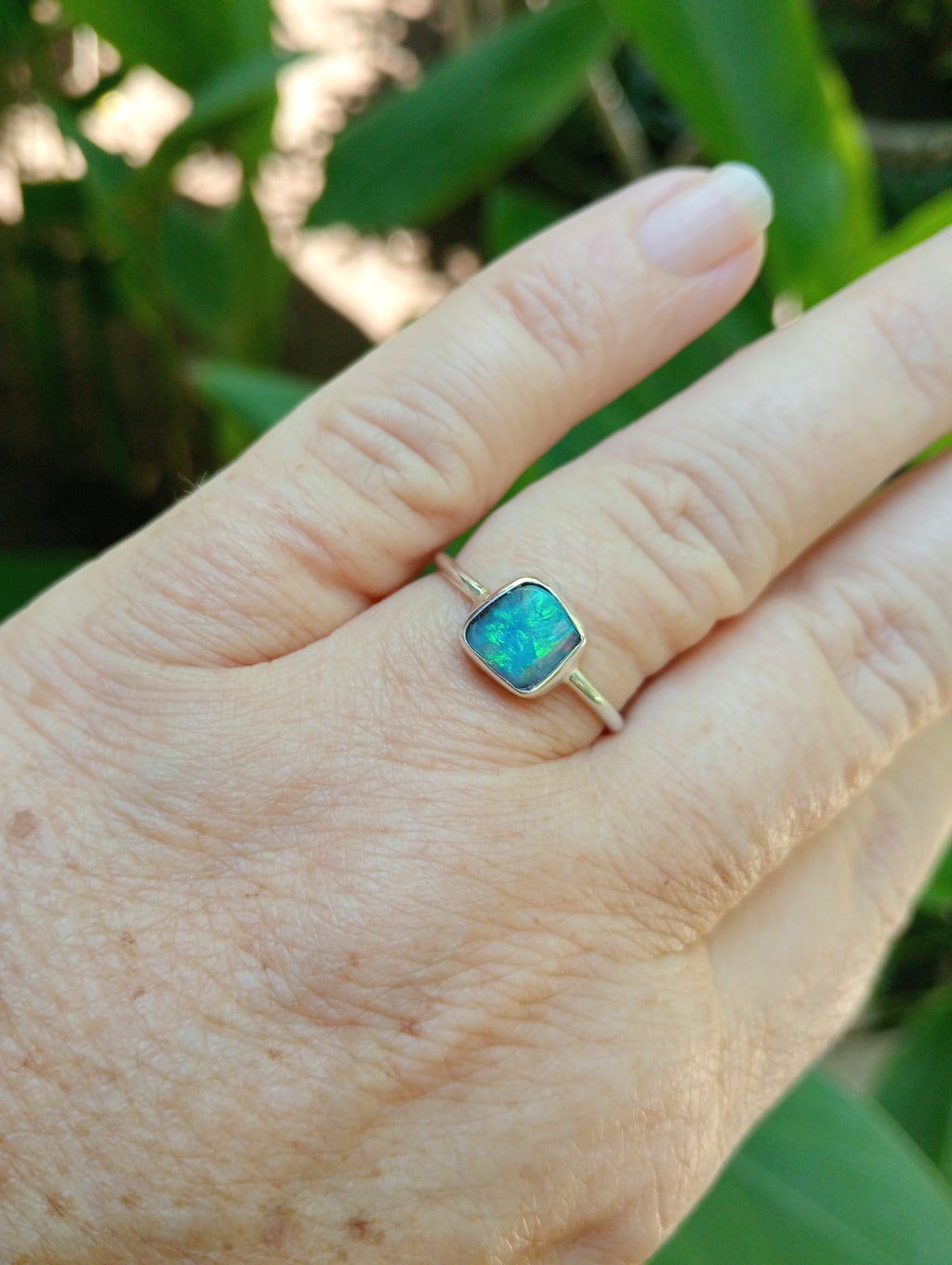 Coober Pedy boulder opal aqua square Stirling silver ring size S