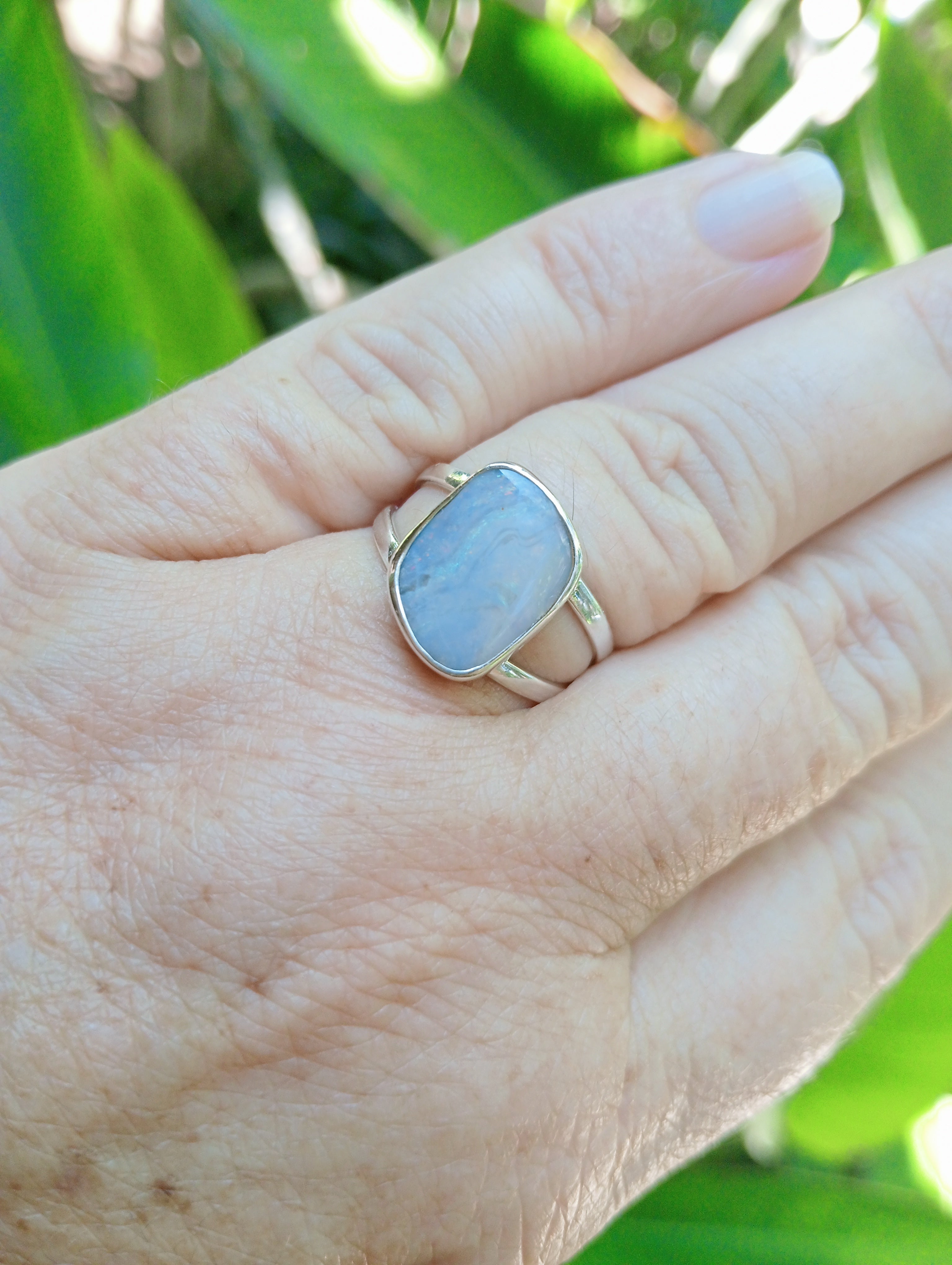 Australian Coober Pedy Bolder opal. Pale wash  Stirling silver ring. Size Q