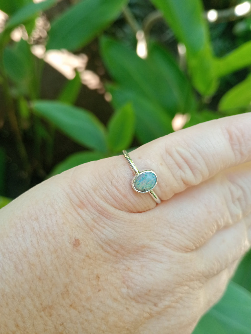 Australian bolder opal mini green silver ring size O