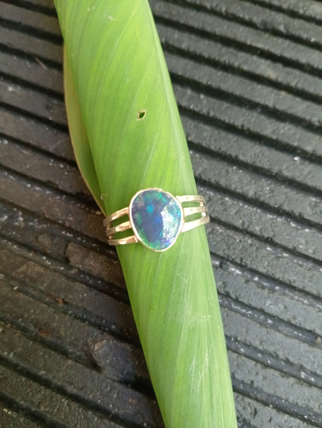 Australian Lightning Ridge bedazzled opal silver ring Size U