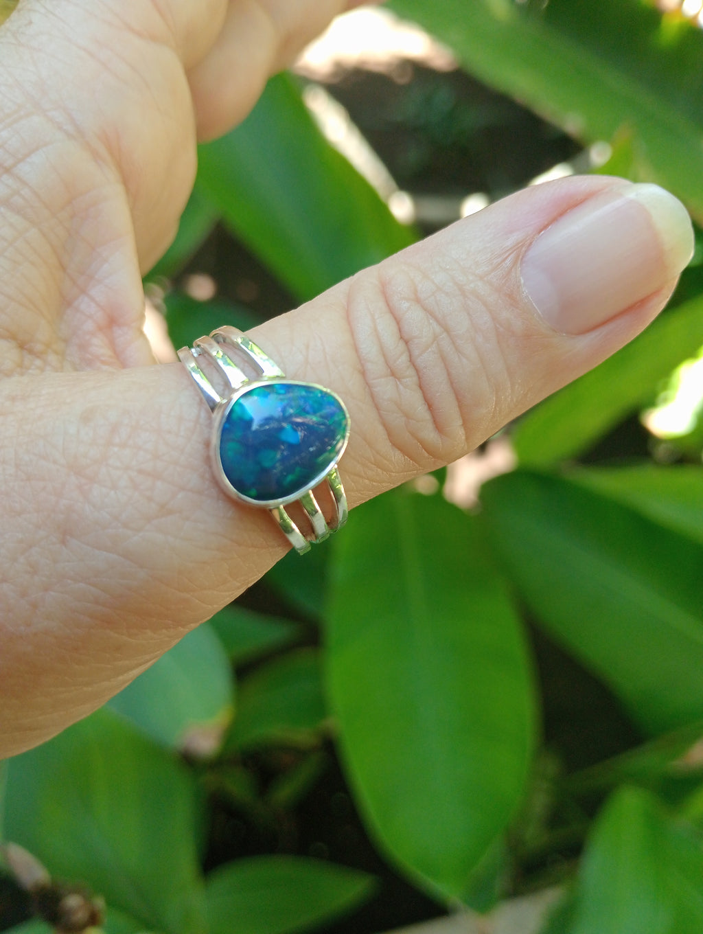 Australian Lightning Ridge bedazzled opal silver ring Size U