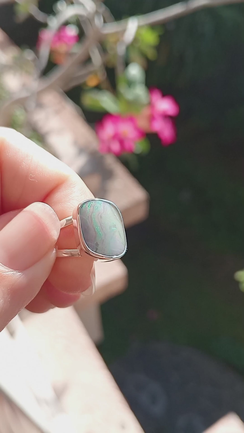 Australian Coober Pedy Bolder opal. Pale wash  Stirling silver ring. Size Q