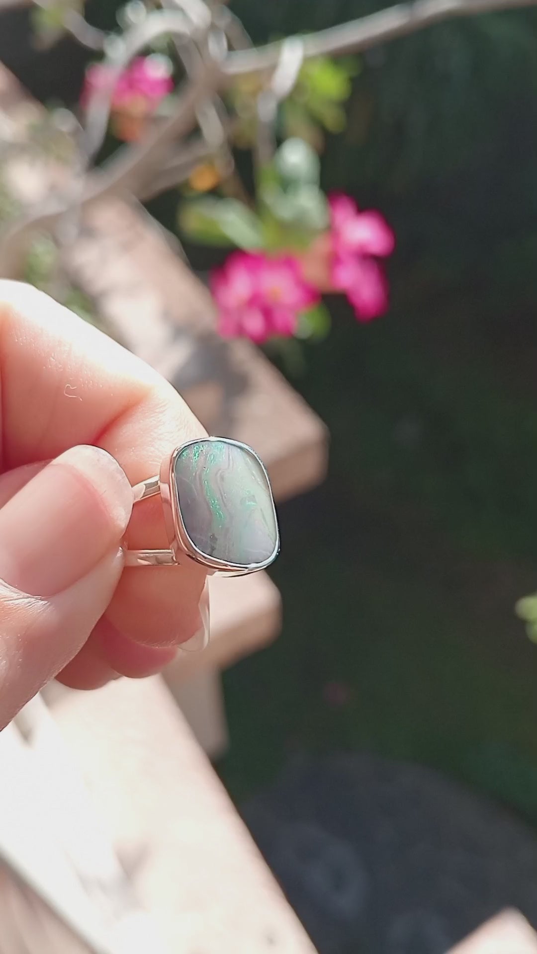 Australian Coober Pedy Bolder opal. Pale wash  Stirling silver ring. Size Q